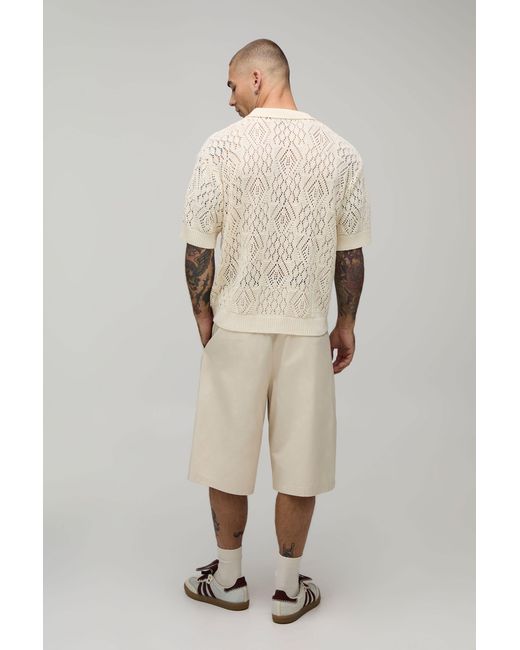 BoohooMAN Natural Oversized Boxy Diamond Crochet Cotton Blend Knitted Polo for men