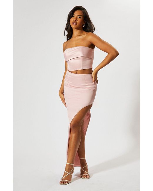MissPap Pink Satin High Waist Asymmetric Maxi Skirt