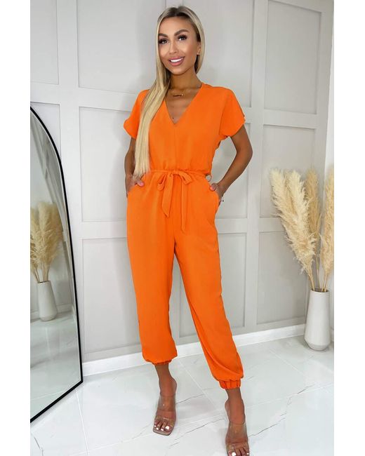 AX Paris Orange Burnt V Neck Short Sleeve Belted Elasticated Cuff Jumpsuit