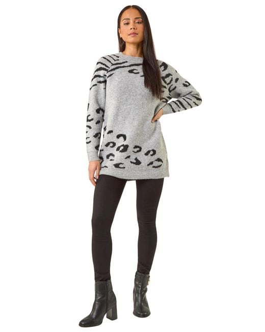Roman Gray Petite Animal Print Longline Stretch Jumper
