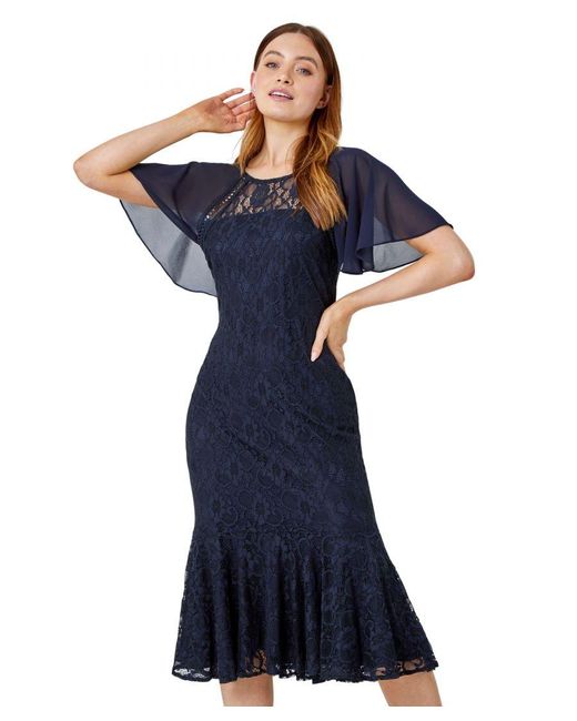 Roman Blue Angel Sleeve Stretch Lace Midi Dress