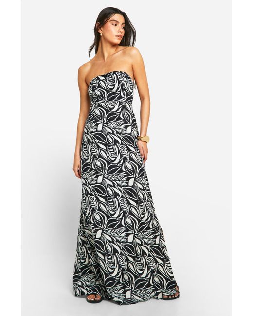 Boohoo White Bandeau Leaf Print Linen Look Maxi Dress