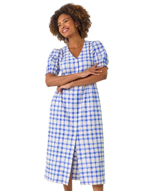 Roman Blue Check Button Midi Dress