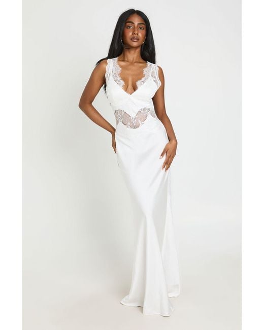 Boohoo White Crinkle Textured Satin & Lace Maxi Dress