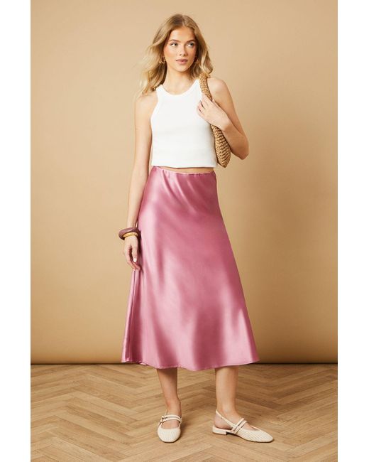 Oasis Pink Bias Cut Satin Midi Skirt