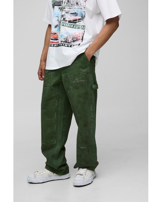 BoohooMAN Green Relaxed Fit Vintage Overdye Carpenter Pants for men