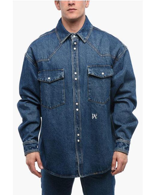 Palm Angels Blue Dark Washed Denim Jacket With Embossed Monogram for men