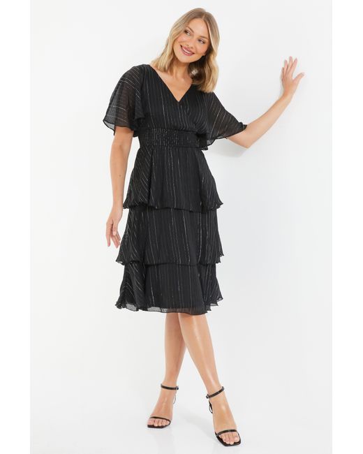 Quiz Black Glitter Chiffon Tiered Midi Dress