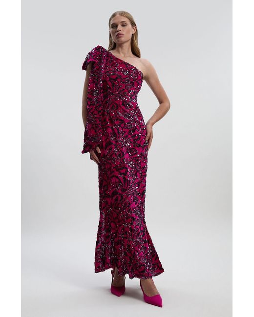 Karen Millen Red Velvet Sequin One Shoulder Woven Maxi Dress