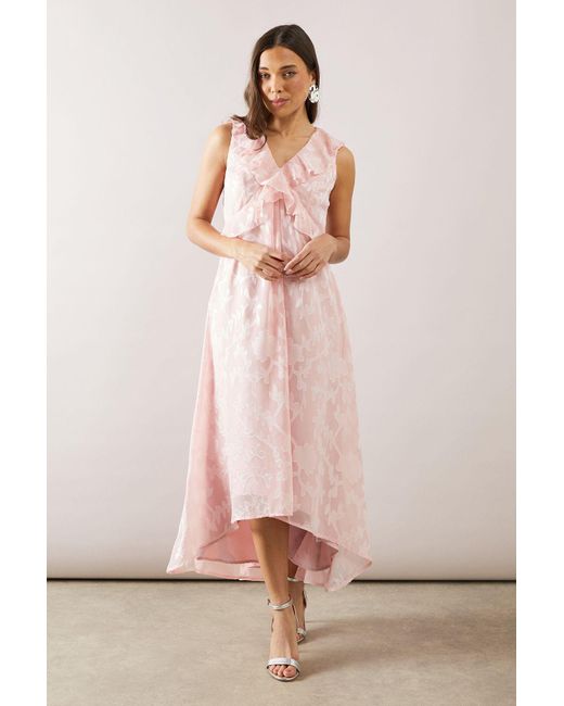Wallis Pink Petite Floral Jacquard Ruffle Hi-Low Midi Dress