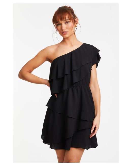 Quiz Black One Shoulder Tiered Mini Dress