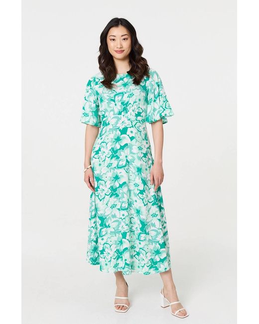 Izabel London Green Floral Flared Sleeve A-Line Midi Dress