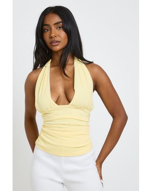 Boohoo Yellow Textured Deep Plunge Halter Neck Top