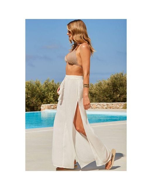 Sosandar White Ivory Metallic Stripe Wide Leg Beach Trousers