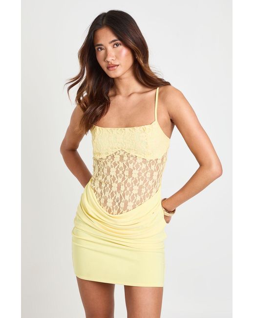 Boohoo Yellow Lace And Slinky Drape Front Cami Mini Dress