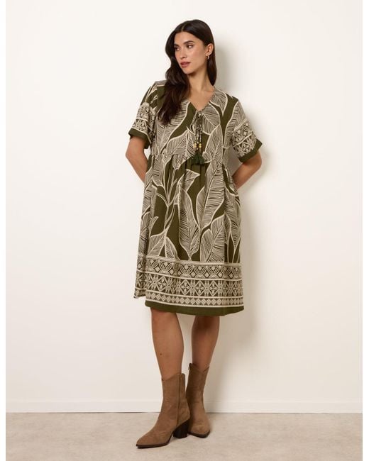 Blue Vanilla Natural Dress With Tropical Leaf Print