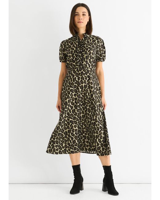 Gini London Green Animal Print Ruffle Neck Midi Dress