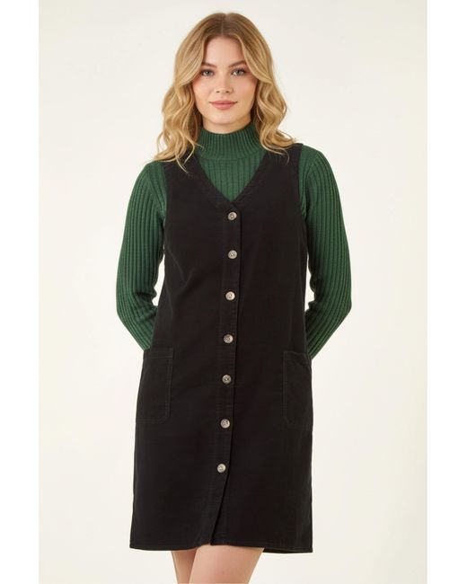 Roman Black Cotton V-Neck Button Pocket Dress