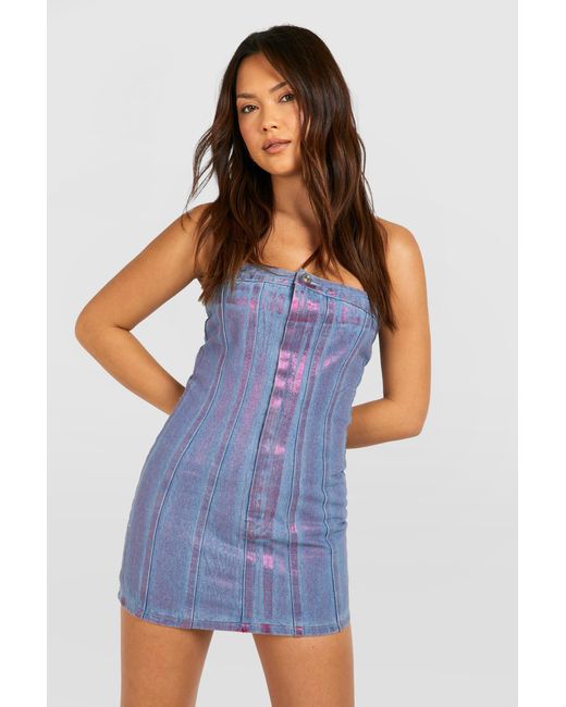 Boohoo Blue Coated Metallic Bandeau Denim Mini Dress Cotton