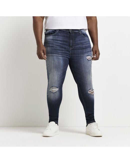 River Island Skinny Jeans Big & Tall Blue Spray On Fit Rip Cotton for men