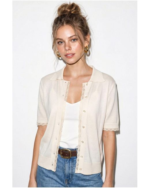 Bianco Lucci White Ribbed Lace Button Cardigan