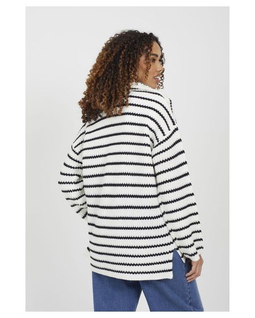 Brave Soul White Striped Fisherman Knit Zip Neck Tunic Jumper
