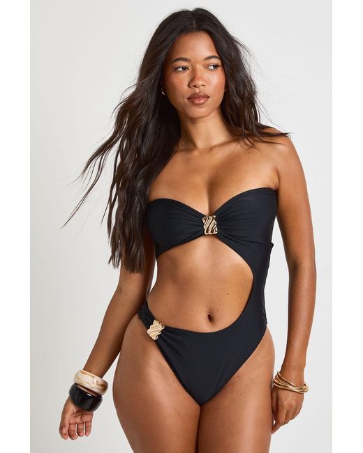 Boohoo Black Asymmetric Trim Centre Cut Out Bandeau Swimsuit