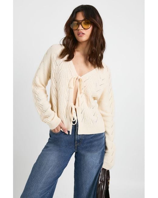 Boohoo Blue Pointelle Detail Tie Front Knitted Cardigan