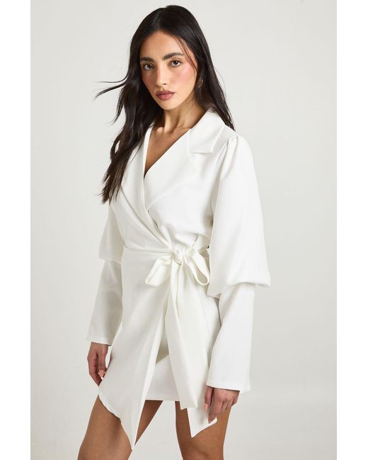 Boohoo White Volume Sleeve Tie Waist Blazer Dress