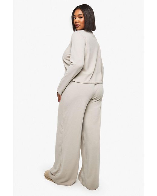 Boohoo Natural Plus Rib Button Cardigan Sleeve Top And Trouser Co-Ord