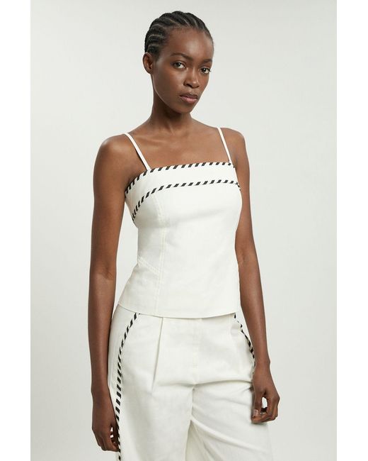 Karen Millen White Petite Tailored Linen Blend Contrast Stitch Top
