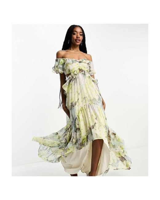 ASOS White Design Ruffle Cut Out Off The Shoulder Maxi Dress With Hi Low Hem