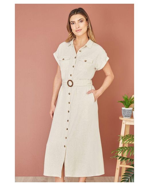 Yumi' Natural Stone Viscose Linen Look Midi Shirt Dress With Wooden Belt