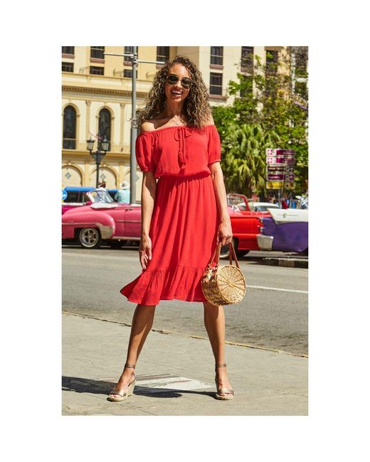 Sosandar Red Bardot Tassel Detail Summer Dress