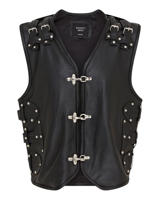 Infinity Leather Black Biker Waistcoat Metal Buckles Vest for men