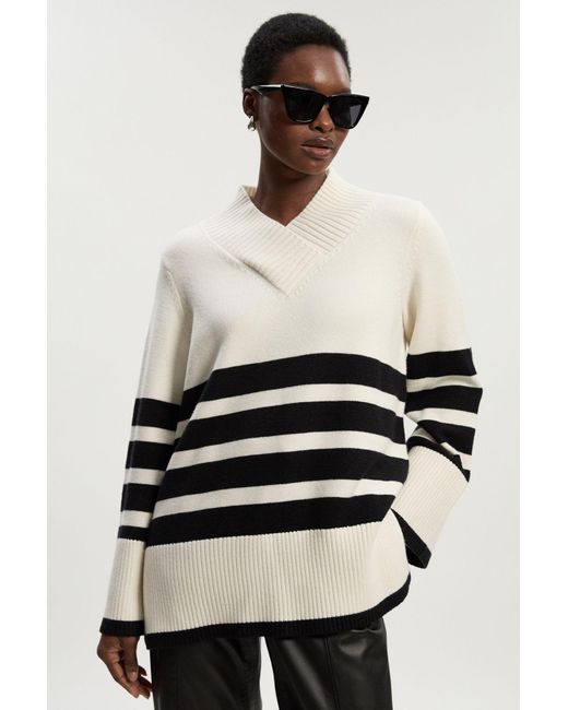 Karen Millen Natural Stripe V Neck Split Hem Knitted Jumper