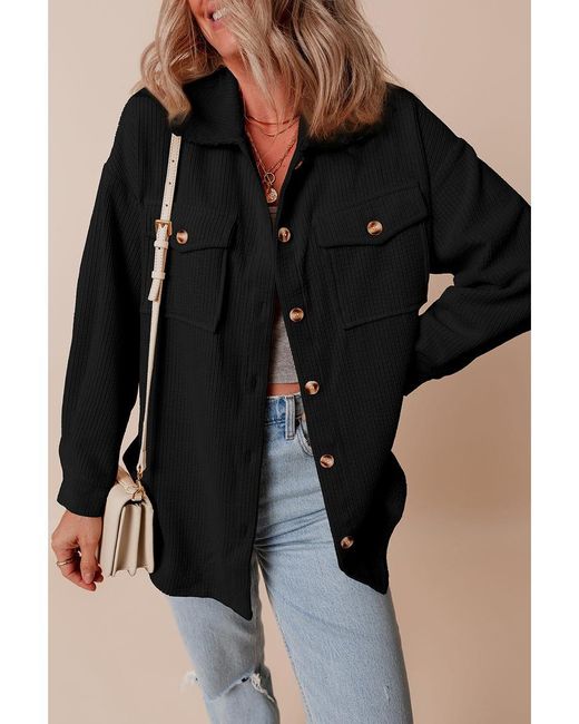 Azura Exchange Black Schwarze Corduroy Klappentaschen-Knopf-Down-Jacke