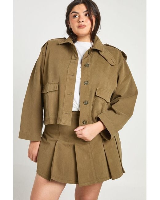 Boohoo Brown Plus Funnel Neck Twill Utility Shacket