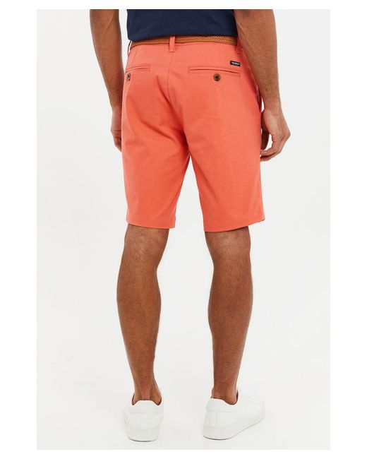 Threadbare Orange Coral 'conta' Cotton Turn-up Chino Shorts With Woven Belt for men