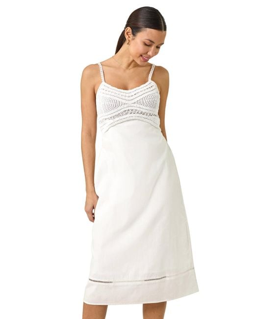 Roman White Lace Panel Strappy Midi Dress