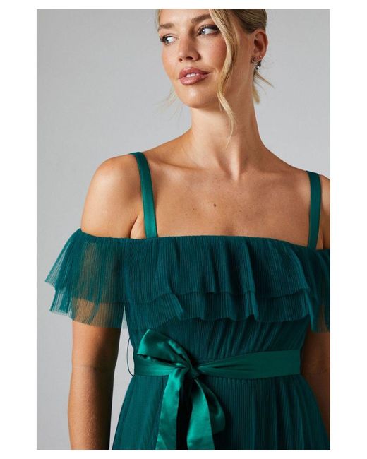 Oasis Green Pleated Mesh Tiered Skirt Bridesmaids Dress With Satin Belt