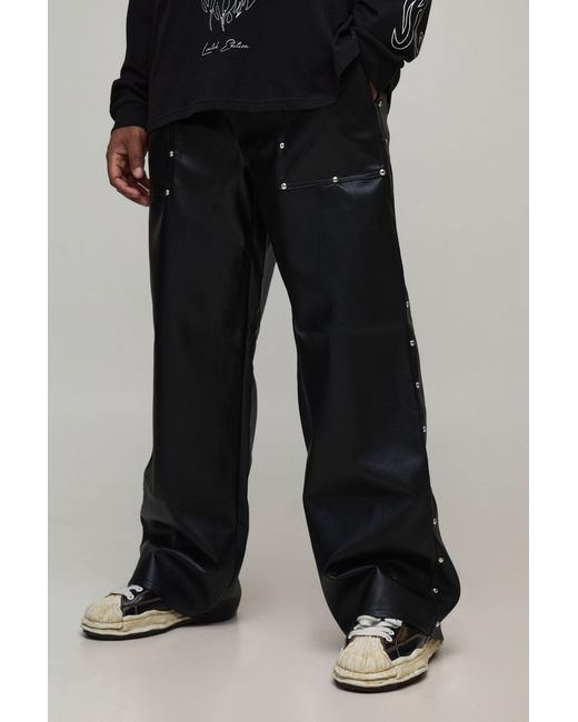 BoohooMAN Black Plus Studded Leather Look Drawcord Relaxed Carpenter Trousers for men
