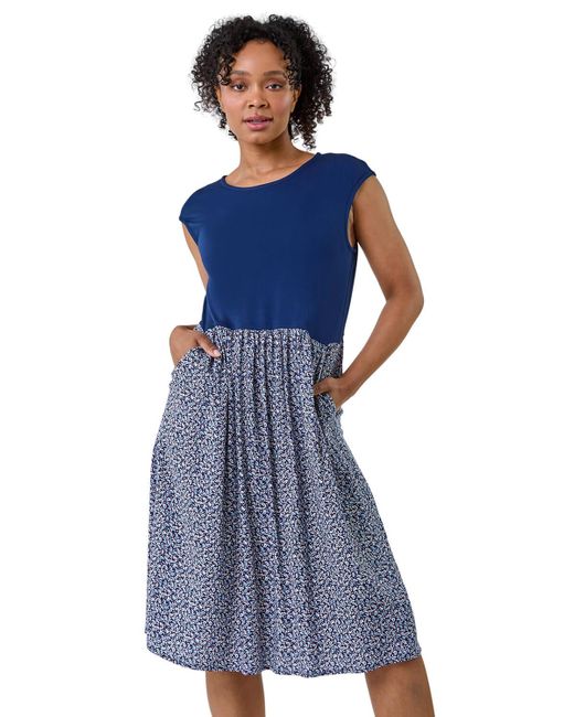 Roman Petite Blue Paisley Contrast Skirt Pocket Dress