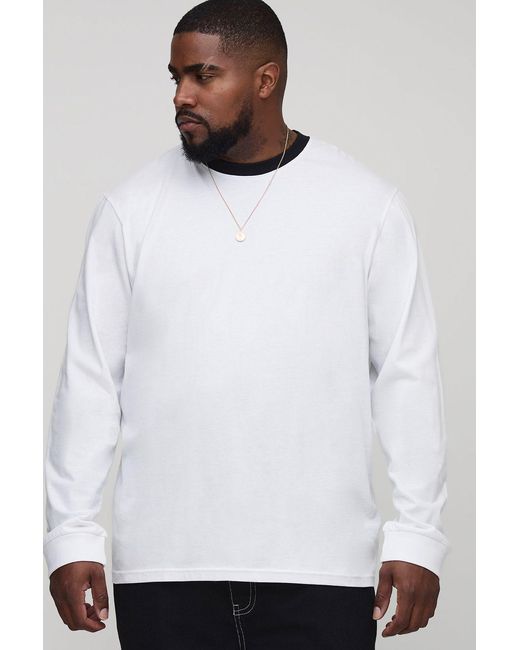 BoohooMAN White Plus Regular Fit Ringer Crew Neck Long Sleeve T-Shirt for men