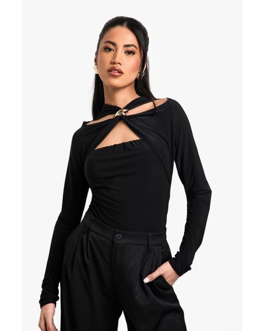 Boohoo Black Double Layer Slinky Trim Detail Cut Out One Piece