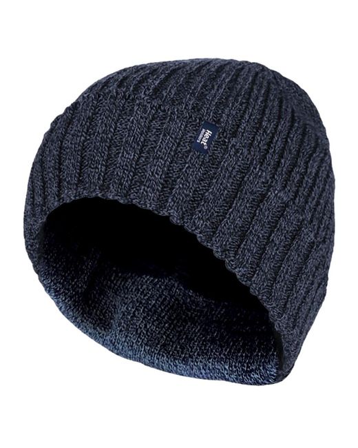 Heat Holders Blue Ribbed Knit Fleece Lined Insulated Warm Turn Over Cuff Thermal Winter Beanie Hat for men