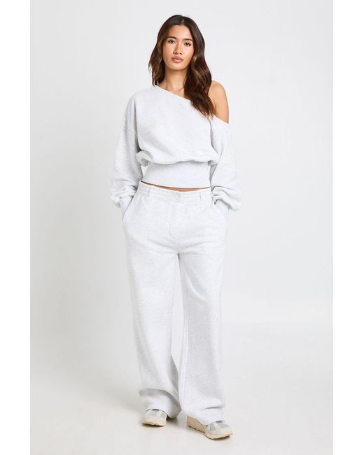 Boohoo White Off Shoulder Cinched Waist Sweatshirt