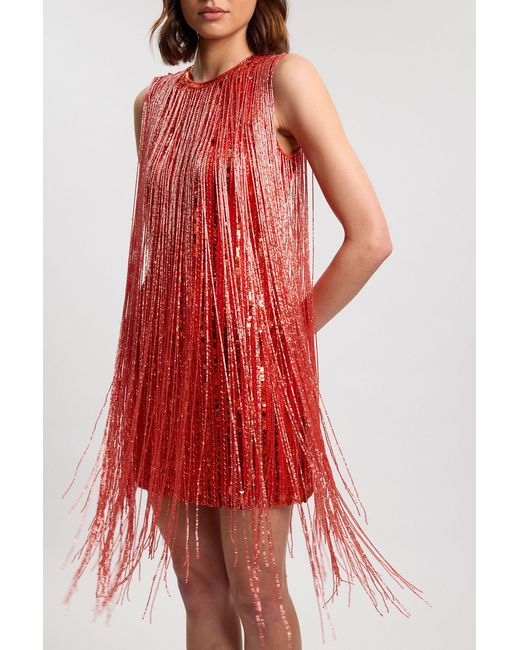 Karen Millen Red Beaded Fringed Sleeveless Woven Midi Dress
