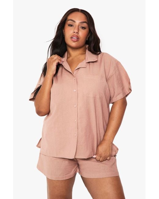 Boohoo Pink Plus Linen Look Short Sleeve Shirt And Elasticated Waist Short Co-Ord