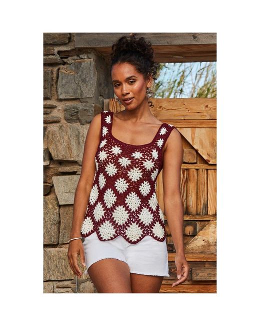 Sosandar Brown Cream Floral Crochet Knit Vest Top